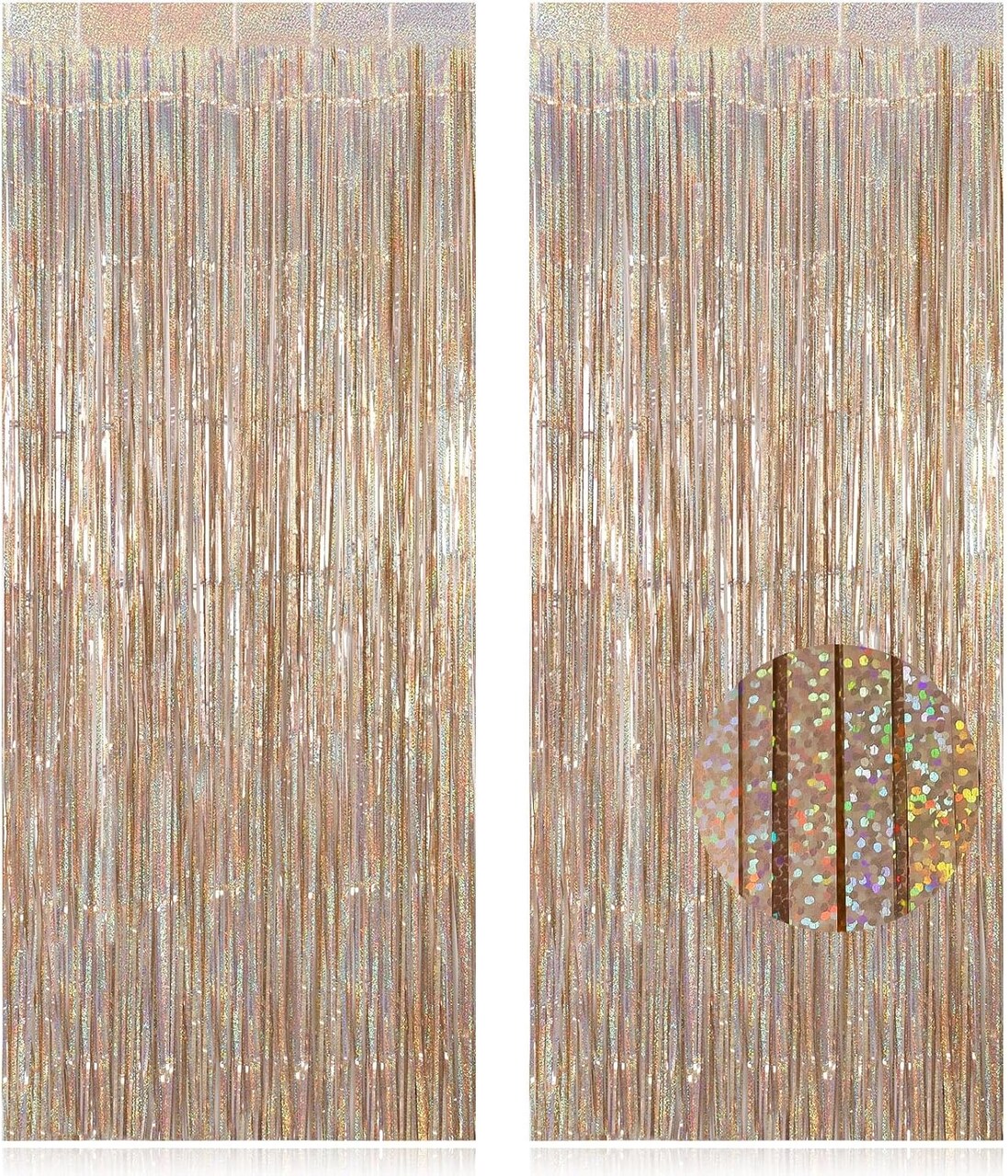 Set of 2 foil fringe curtain backdrops in glitter champagne color, designed as decorative door streamers and photo booth backgrounds, suitable for parties, weddings, birthdays, bridal showers, holidays, and graduation celebrations